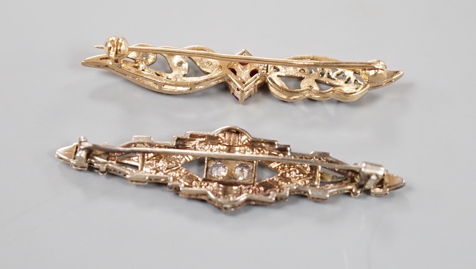 A modern 375, ruby and diamond chip set bar brooch, 44mm, gross 2.8 grams and an Austro Hungarian bar brooch.